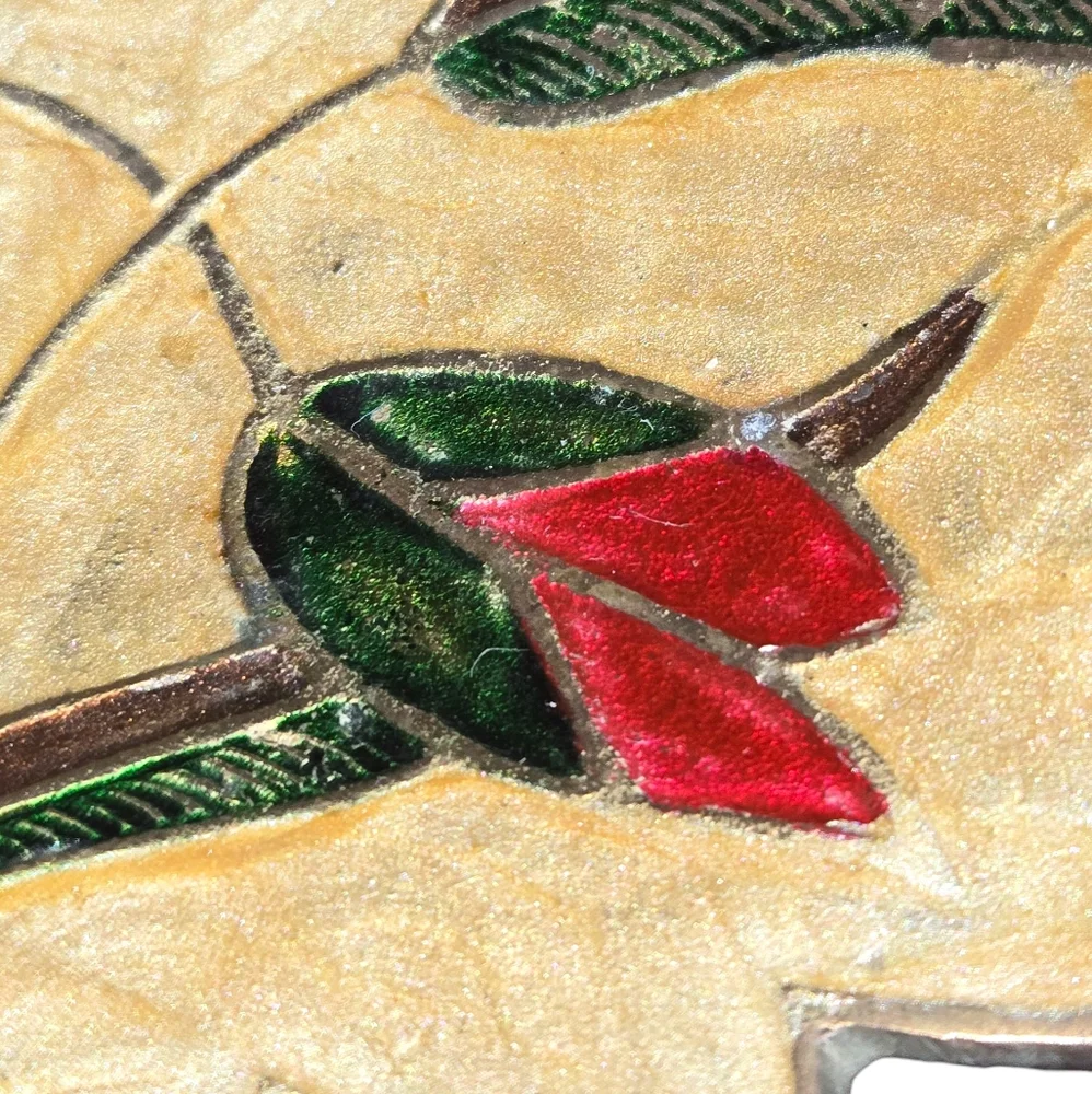 Vintage India‎ Made Floral Enamel On Brass Leaf Shaped Bowl Dish 8.5